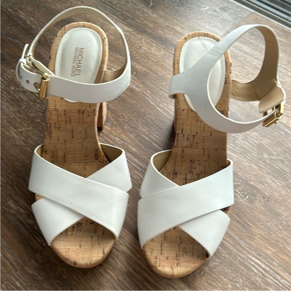 MICHAEL Michael Kors White Leather Cork Wedge Sandals